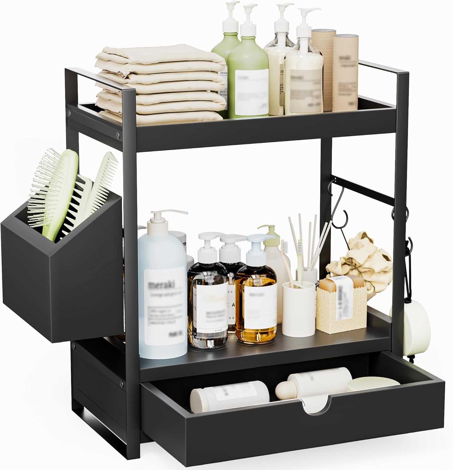 2-Tier Bathroom Counter Organizer with Drawer and Basket. Wood Countertop Organizer for Storage. Skincare Organizers for Vanity. Counter Shelf for Bathroom Organization