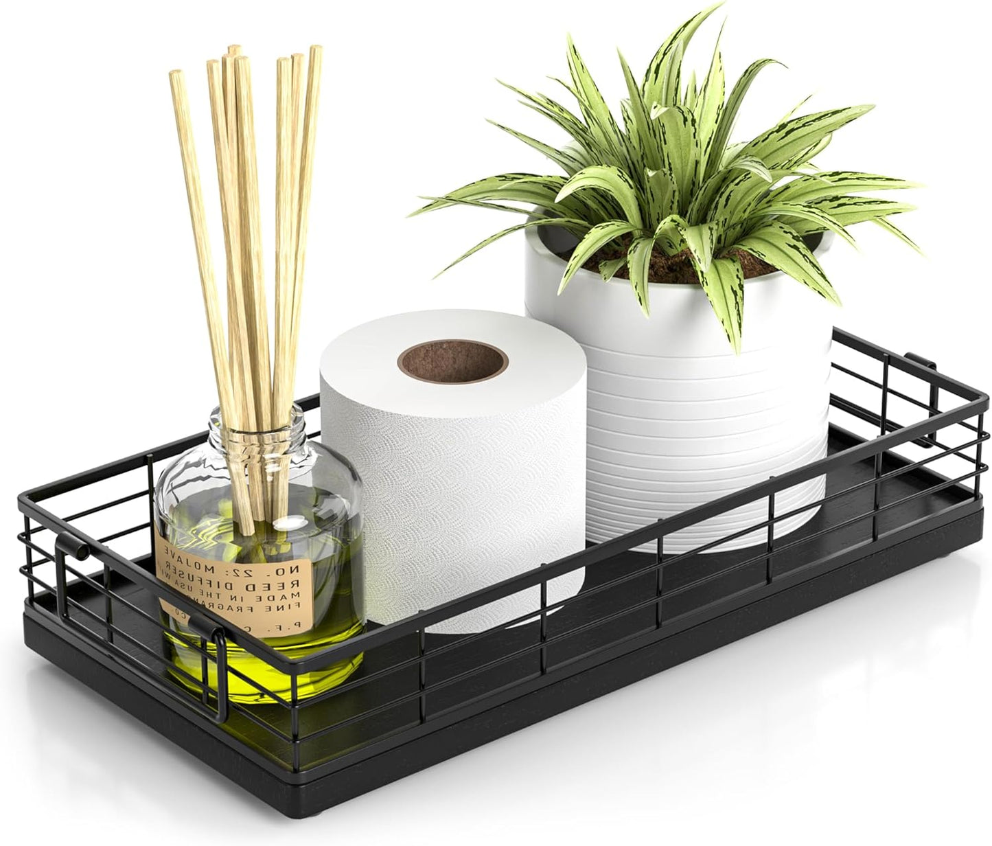 Toilet Paper Basket. 13 Inch Oak and Iron Tank Tray Top of Toilet Storage Toiletries Organizer for Bathroom. Living Room and Kitchen (Black)