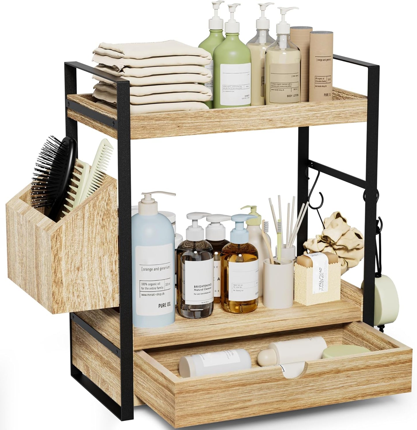 2-Tier Bathroom Counter Organizer with Drawer and Basket. Wood Countertop Organizer for Storage. Skincare Organizers for Vanity. Counter Shelf for Bathroom Organization