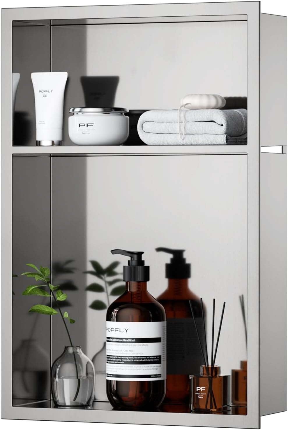 POPFLY 12x30x4 Dark Grey Shower Niche. 3 Layer Stainless Steel Recessed Shelf. No Tile Needed Recessed Storage Wall Niche for Bathroom/Laundry Room