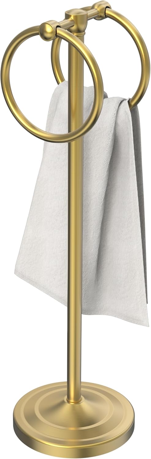 Hand Towel Holder Stand. SUS304 Stainless Steel Weighted Hand Towel Stand for Bathroom Kitchen Countertop Towel Stand with Double Stand Hand Towel Ring Total Height 18(Brushed Gold)