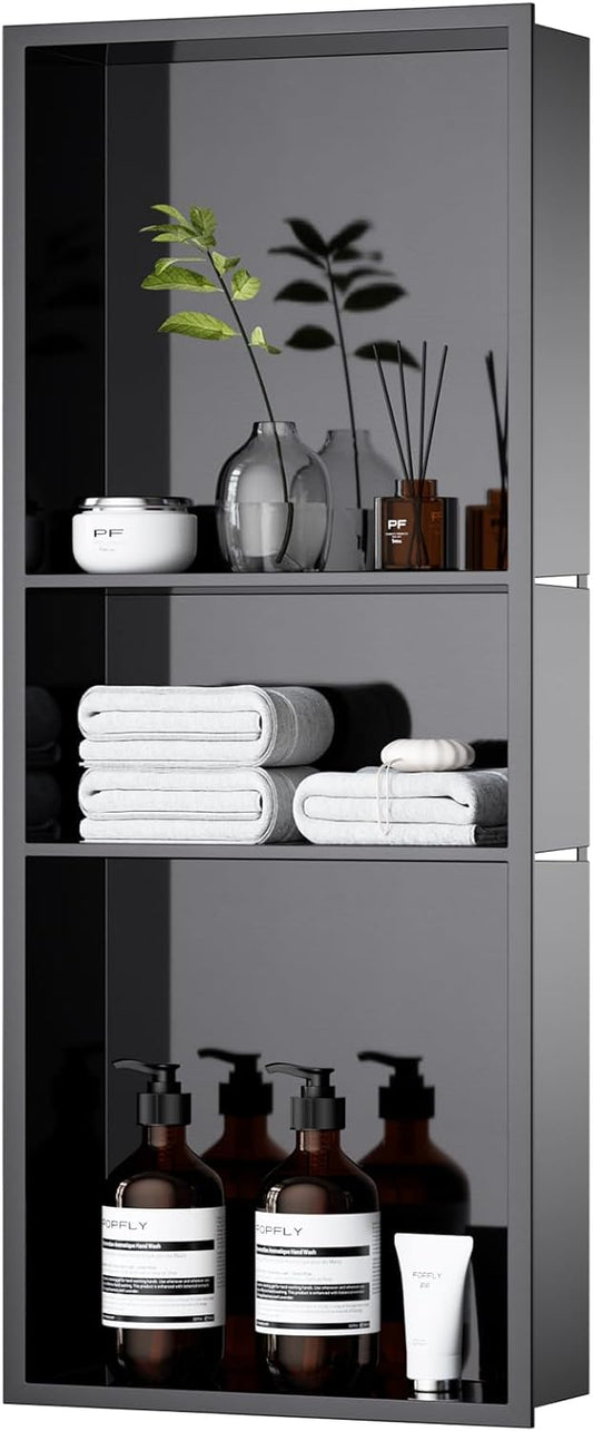 POPFLY 12x30x4 Dark Grey Shower Niche. 3 Layer Stainless Steel Recessed Shelf. No Tile Needed Recessed Storage Wall Niche for Bathroom/Laundry Room