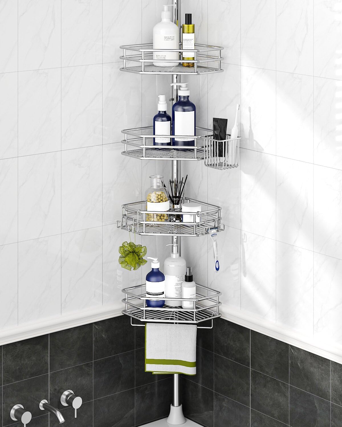 SEIRIONE Corner Shower Caddy Tension Pole. Quick Setup. Rust-Free Bathroom Shower Organizer Corner for Bathtub Shampoo Storage. 4-Tier Adjustable Shelf. Drill Free. Fits 34 to 116 Inch Height. Silver