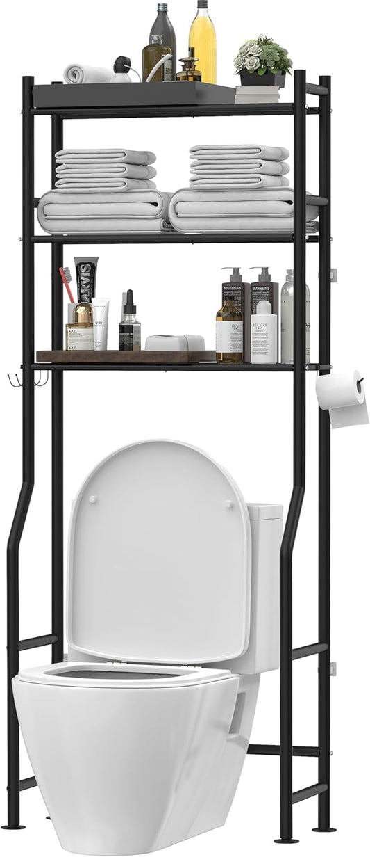 3-Tier Over The Toilet Storage. Freestanding Metal Bathroom Shelves with 4 Hooks. Over Toilet Storage Shelf with Paper Holder. Above The Toilet Shelf for Bathroom Storage. Black