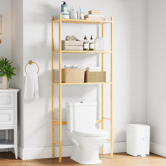 3 Tier Over The Toilet Organizer Rack Bamboo. Freestanding Bathroom Toilet Storage Shelf. Space Saving and Easy to Install. Adjustable Feet. Adjustable Bottom Rod