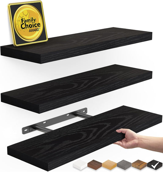 BAYKA Floating Shelves for Wall. Wall Mounted Rustic Wood Shelves for Bathroom. Bedroom. Living Room. Kitchen. Hanging Shelf for Books/Storage/Room Decor with 22lbs Capacity (Black. Set of 3. 15.7in)