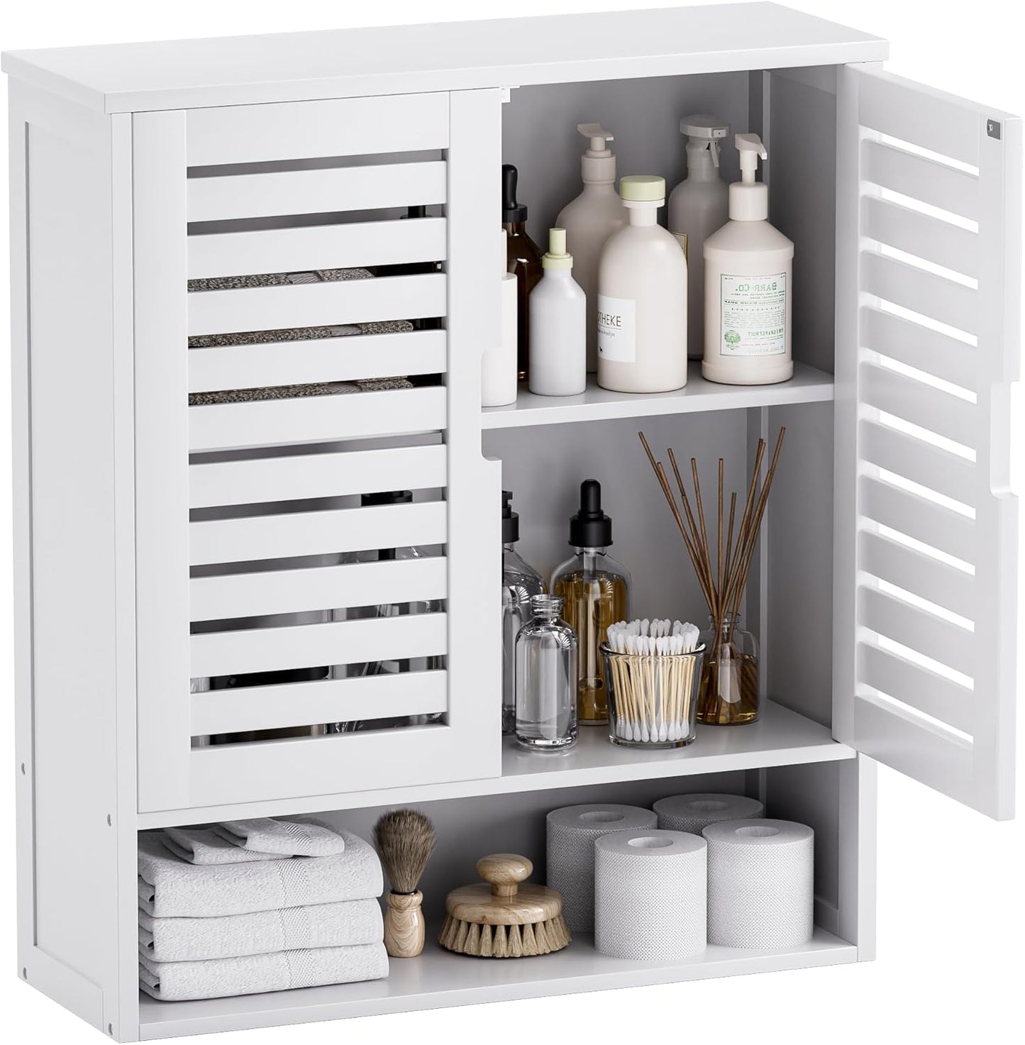 SMIBUY Bathroom Cabinet Wall Mounted. Bamboo Over-The-Toilet Storage Organizer. Space Saver Medicine Cabinet with 2 Door and Adjustable Shelves (White)