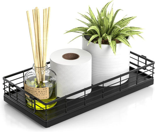 Toilet Paper Basket. 13 Inch Oak and Iron Tank Tray Top of Toilet Storage Toiletries Organizer for Bathroom. Living Room and Kitchen (Black)