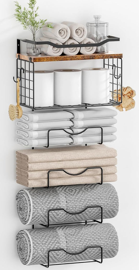 Towel Racks for Bathroom.Towel Rack Wall Mounted. 6 Tier Rolled Or Folded Towel Holder with Floating Shelves. Bathroom Towel Holder for Bath. Hand Towels.Metal and Wood